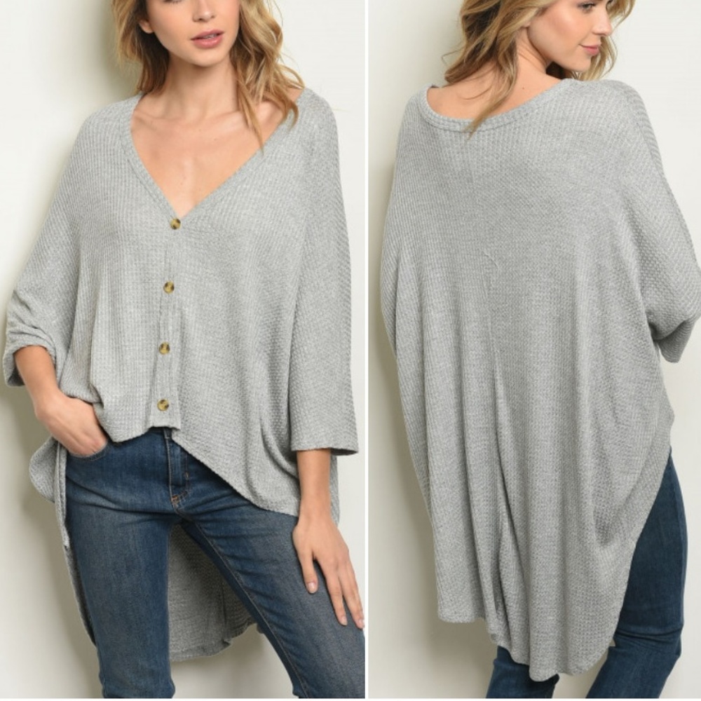 WAFFLE KNIT GREY HIGH LOW TOP - Picture 1 of 5